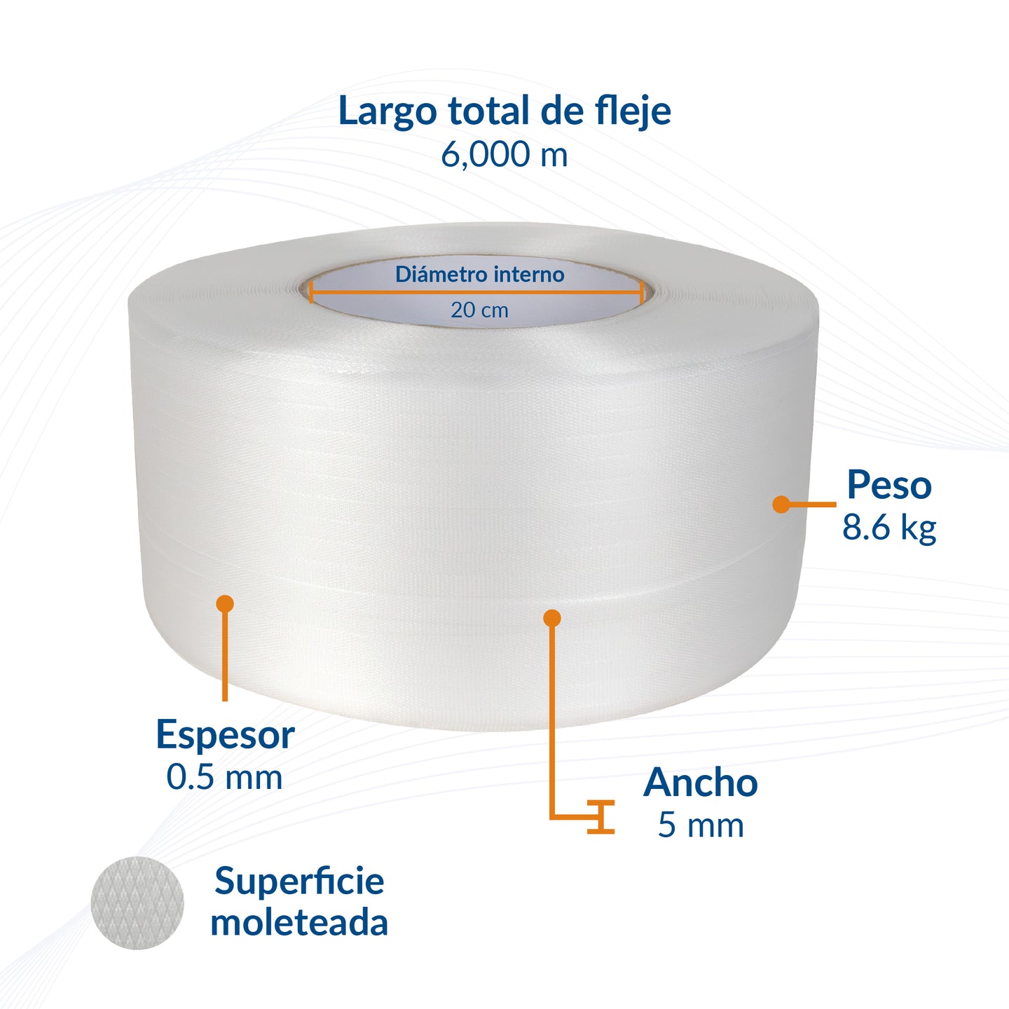 Fleje de Polipropileno Moleteado de 5 mm de ancho 0.5mm de espesor de 6,000m (8.6 kg/rollo)